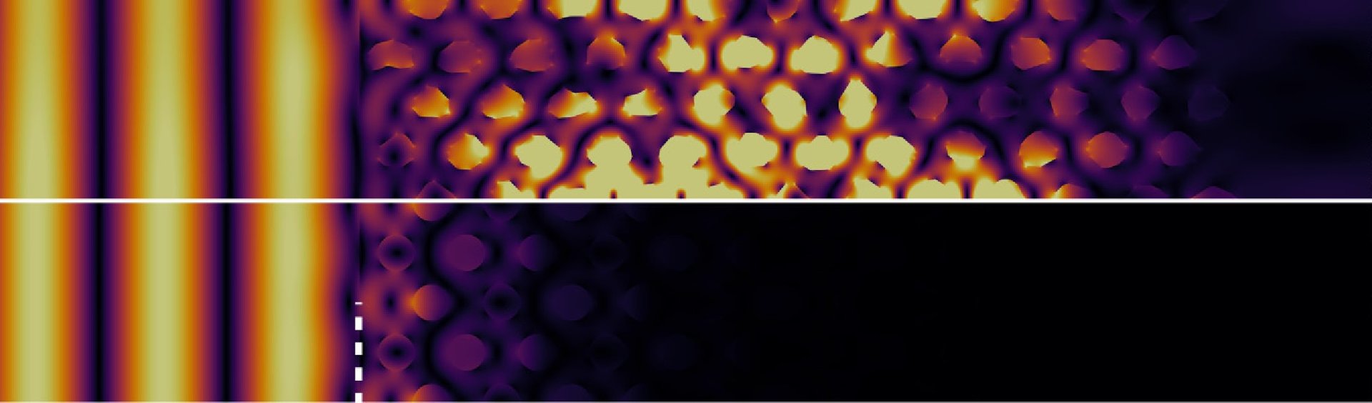 Comparison between the electric field in a real and utopian photonic crystal for a frequency in the bandgap. The real crystal shows a strong field inside the crystal, while it decays in the utopian crystal.